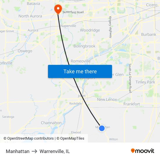 Manhattan to Warrenville, IL map