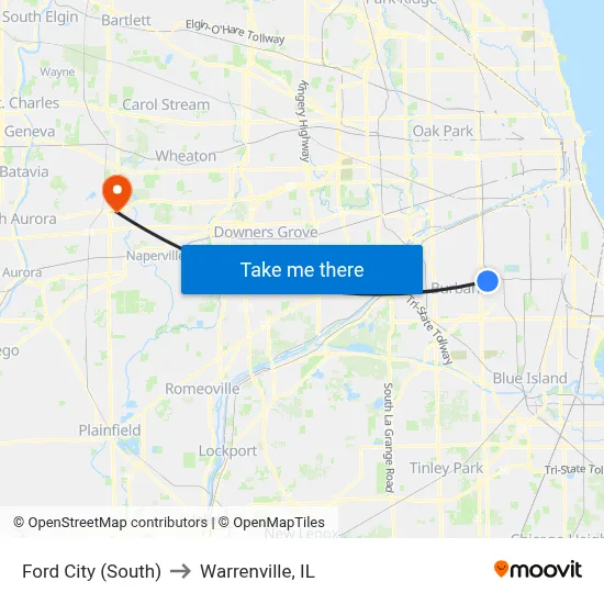 Ford City (South) to Warrenville, IL map