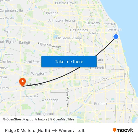 Ridge & Mulford (North) to Warrenville, IL map