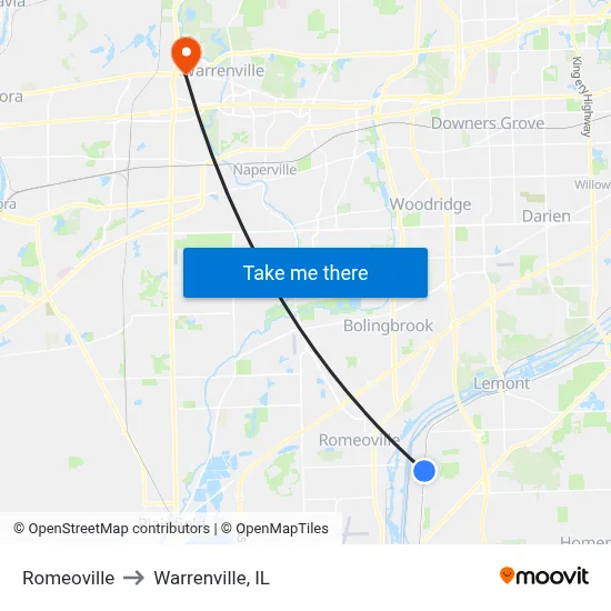 Romeoville to Warrenville, IL map