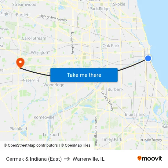 Cermak & Indiana (East) to Warrenville, IL map