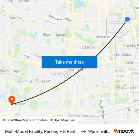 Multi-Modal Facility, Parking F & Rental Cars to Warrenville, IL map