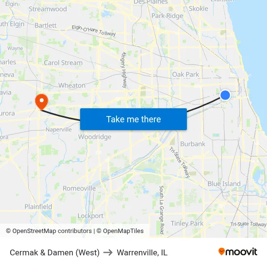 Cermak & Damen (West) to Warrenville, IL map