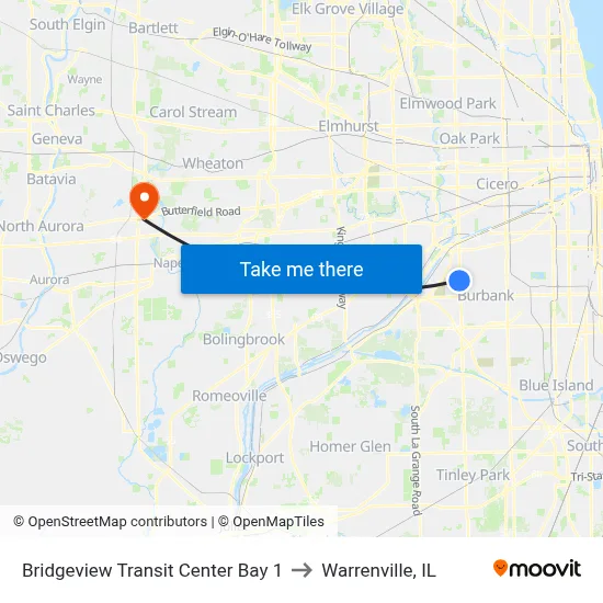 Bridgeview Transit Center Bay 1 to Warrenville, IL map