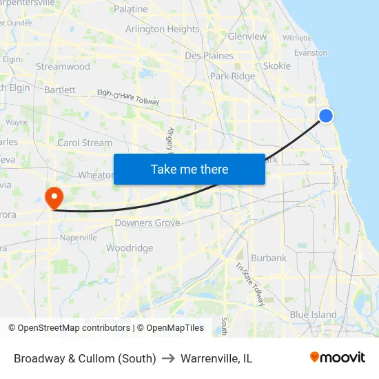 Broadway & Cullom (South) to Warrenville, IL map