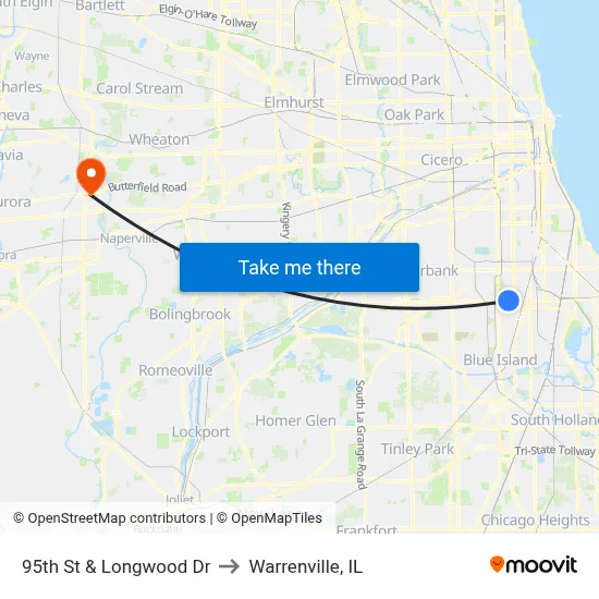 95th St & Longwood Dr to Warrenville, IL map