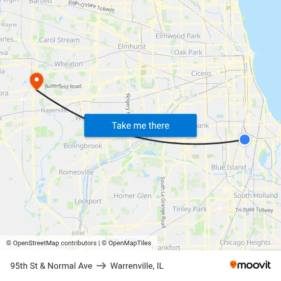 95th St & Normal Ave to Warrenville, IL map
