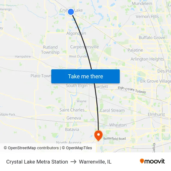 Crystal Lake Metra Station to Warrenville, IL map