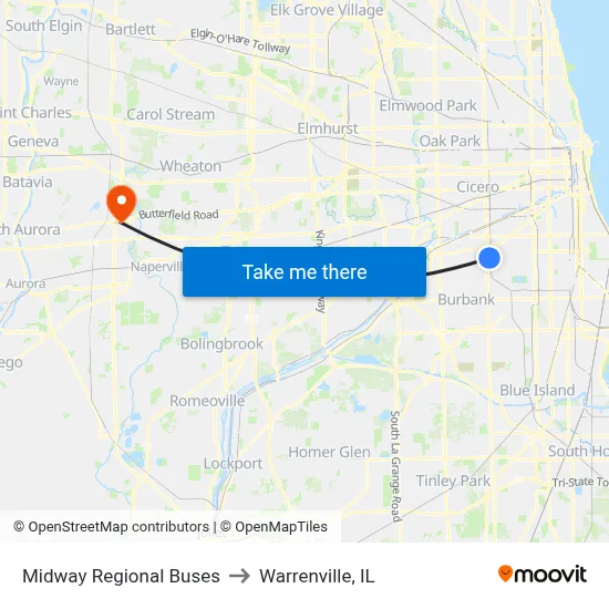 Midway Regional Buses to Warrenville, IL map
