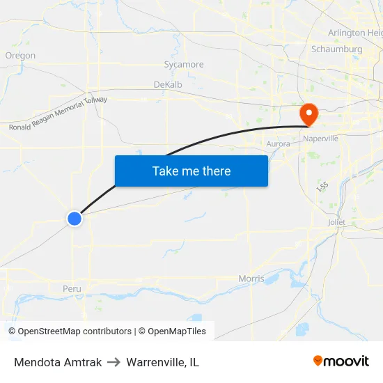 Mendota Amtrak to Warrenville, IL map
