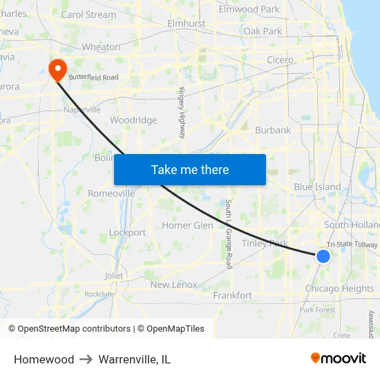 Homewood to Warrenville, IL map