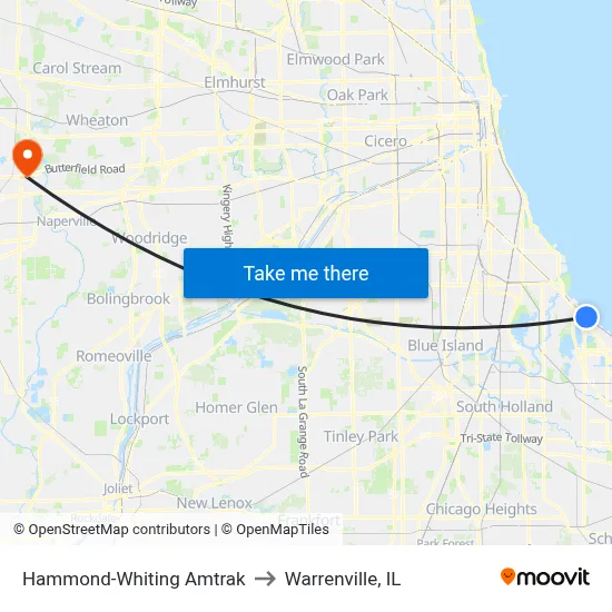 Hammond-Whiting Amtrak to Warrenville, IL map
