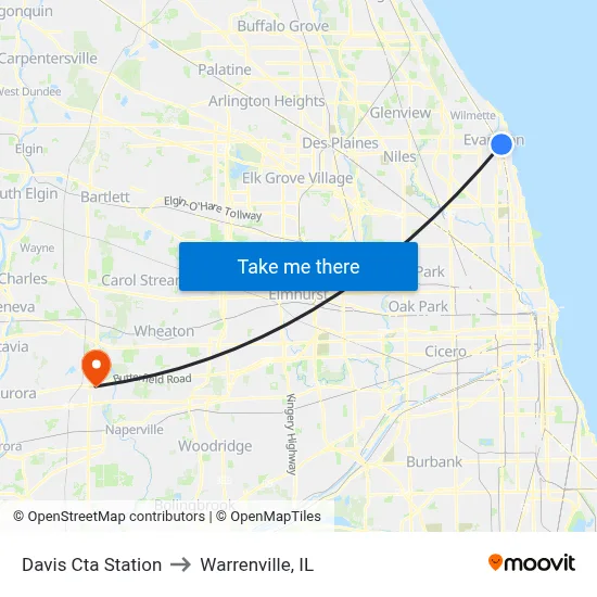 Davis Cta Station to Warrenville, IL map