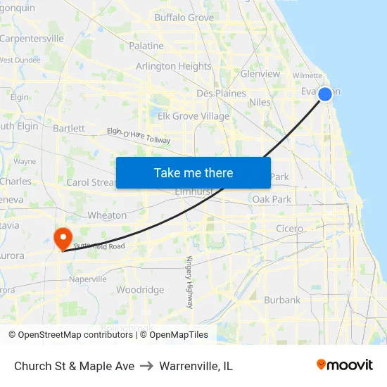 Church St & Maple Ave to Warrenville, IL map