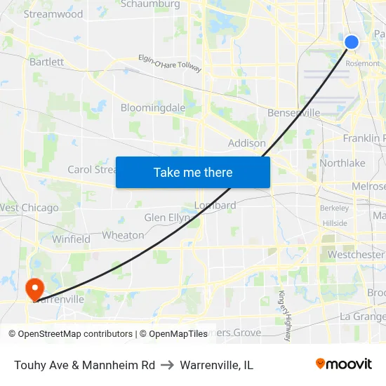 Touhy Ave & Mannheim Rd to Warrenville, IL map