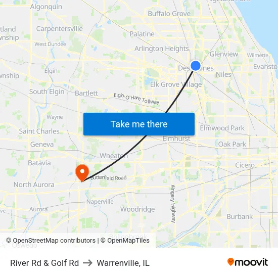 River Rd & Golf Rd to Warrenville, IL map