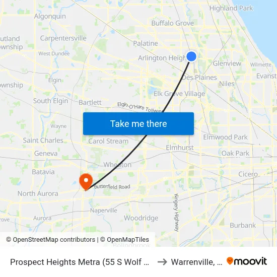 Prospect Heights Metra (55 S Wolf Rd) to Warrenville, IL map