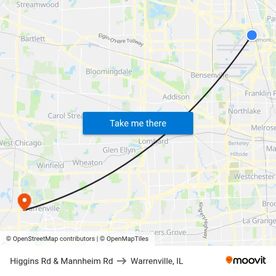 Higgins Rd & Mannheim Rd to Warrenville, IL map