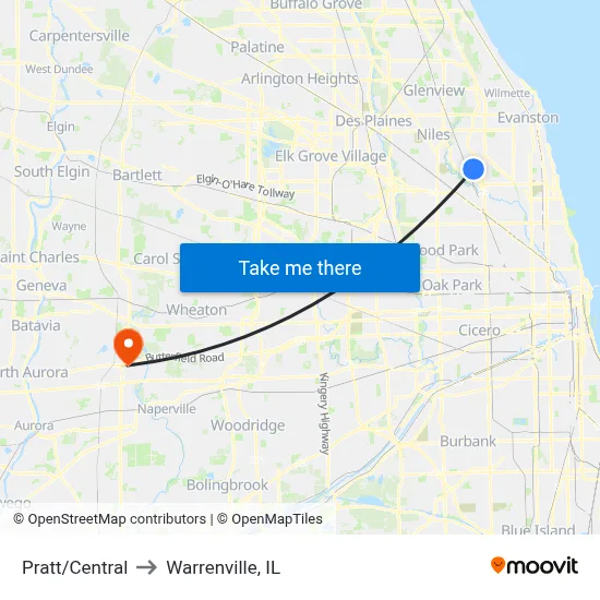 Pratt/Central to Warrenville, IL map