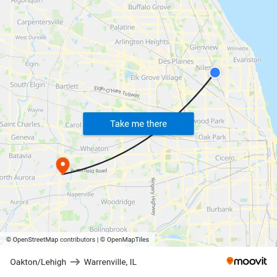 Oakton/Lehigh to Warrenville, IL map