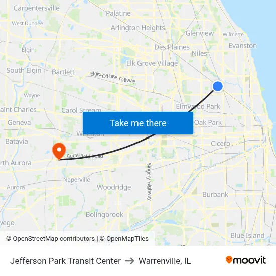 Jefferson Park Transit Center to Warrenville, IL map