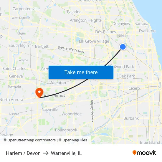 Harlem / Devon to Warrenville, IL map
