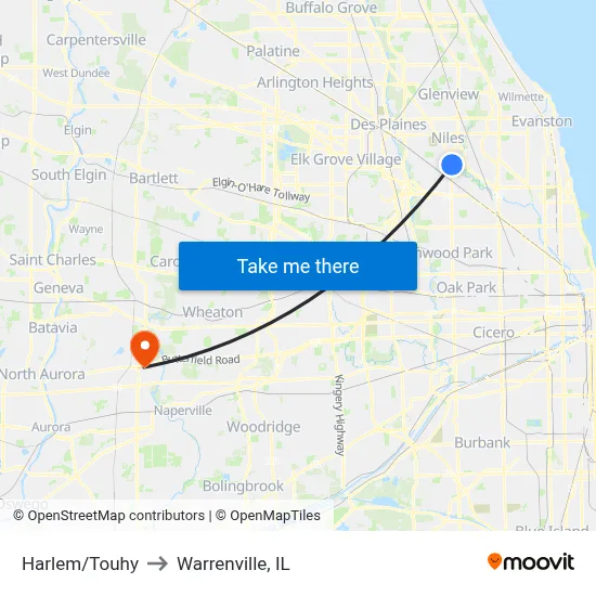 Harlem/Touhy to Warrenville, IL map