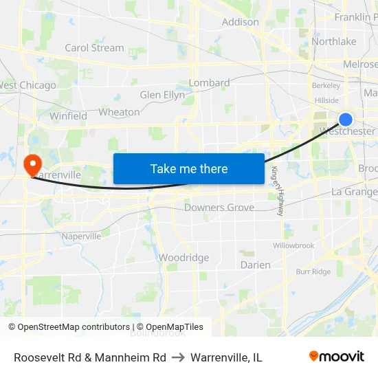 Roosevelt Rd & Mannheim Rd to Warrenville, IL map