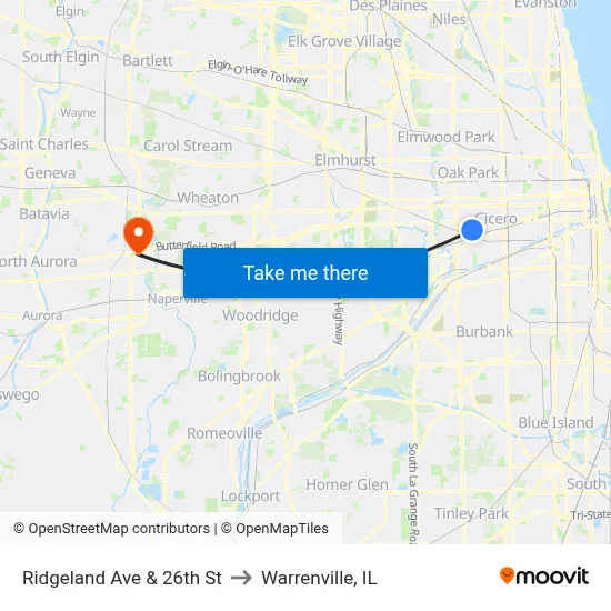 Ridgeland Ave & 26th St to Warrenville, IL map