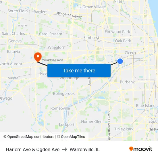 Harlem Ave & Ogden Ave to Warrenville, IL map