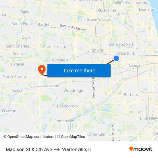 Madison St & 5th Ave to Warrenville, IL map