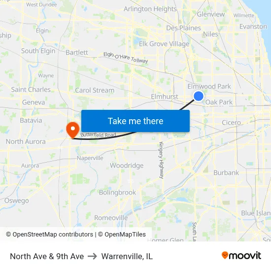 North Ave & 9th Ave to Warrenville, IL map