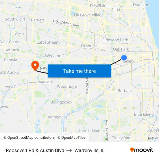 Roosevelt Rd & Austin Blvd to Warrenville, IL map