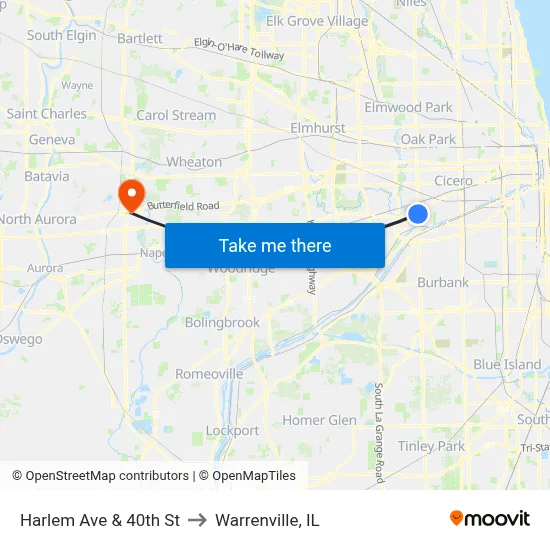 Harlem Ave & 40th St to Warrenville, IL map