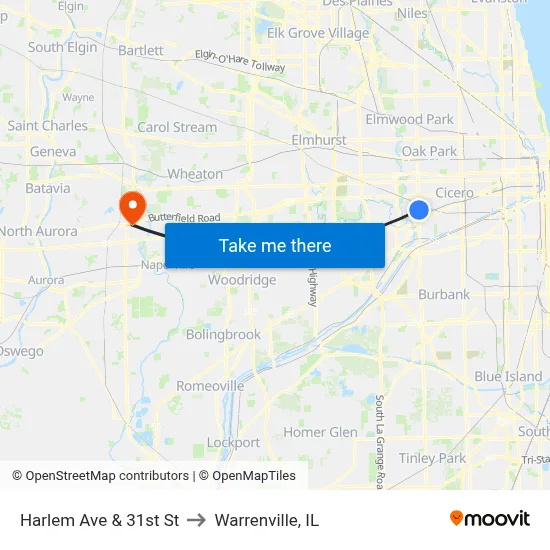 Harlem Ave & 31st St to Warrenville, IL map