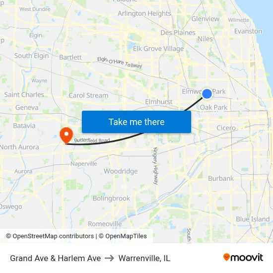 Grand Ave & Harlem Ave to Warrenville, IL map