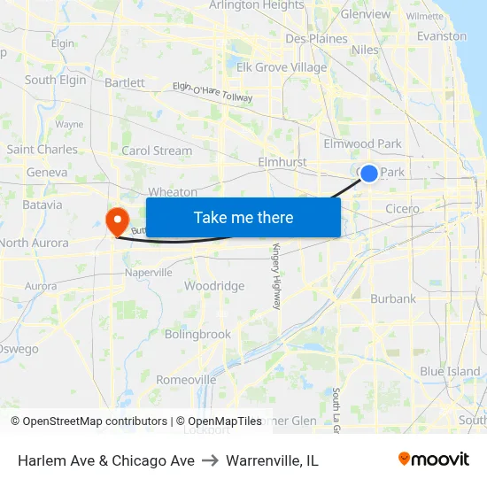 Harlem Ave & Chicago Ave to Warrenville, IL map