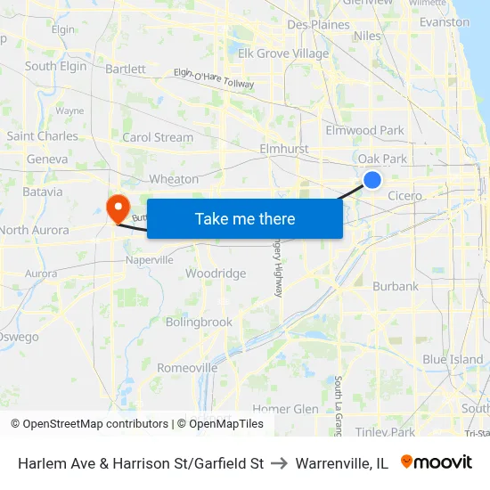 Harlem Ave & Harrison St/Garfield St to Warrenville, IL map