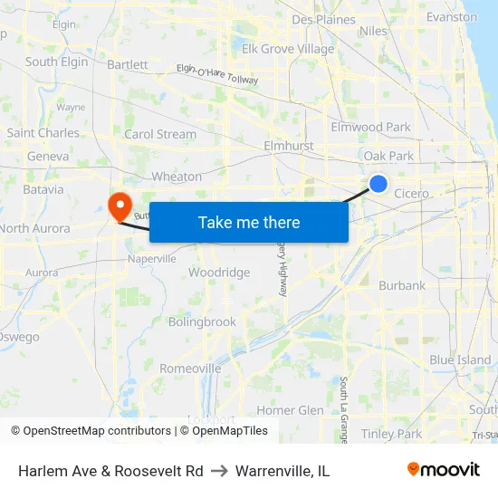 Harlem Ave & Roosevelt Rd to Warrenville, IL map