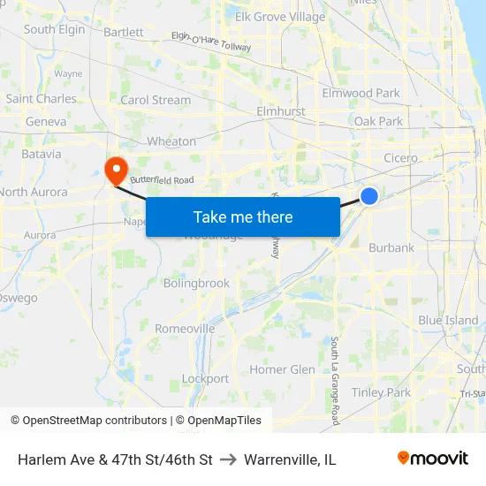 Harlem Ave & 47th St/46th St to Warrenville, IL map