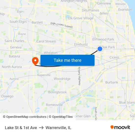 Lake St & 1st Ave to Warrenville, IL map