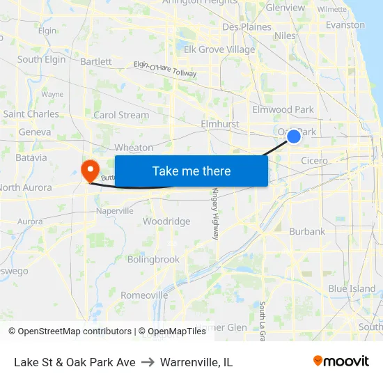Lake St & Oak Park Ave to Warrenville, IL map