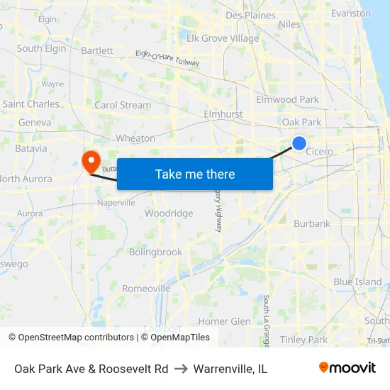 Oak Park Ave & Roosevelt Rd to Warrenville, IL map