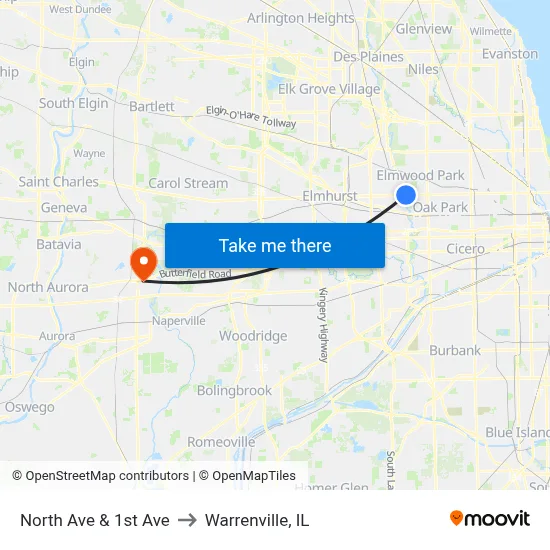 North Ave & 1st Ave to Warrenville, IL map