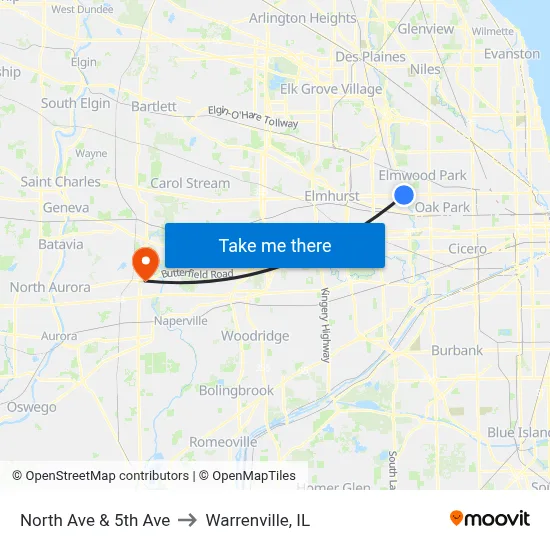 North Ave & 5th Ave to Warrenville, IL map