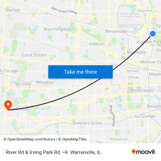 River Rd & Irving Park Rd to Warrenville, IL map