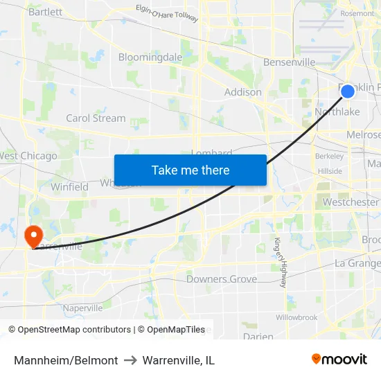 Mannheim/Belmont to Warrenville, IL map
