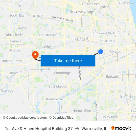 1st Ave & Hines Hospital Building 37 to Warrenville, IL map