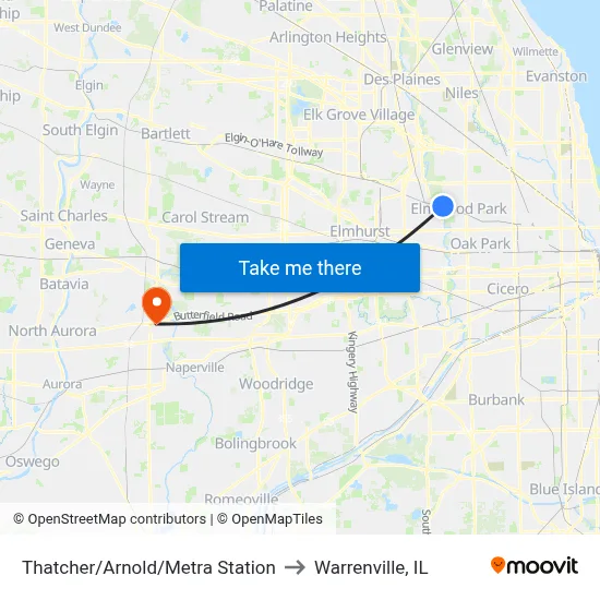 Thatcher/Arnold/Metra Station to Warrenville, IL map