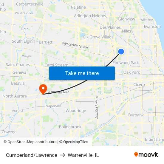 Cumberland/Lawrence to Warrenville, IL map